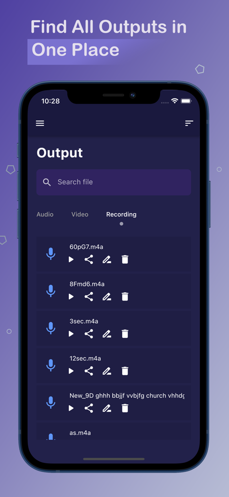 AI Background Noise Reducer app showing a list of cleaned audio recordings in the output tab