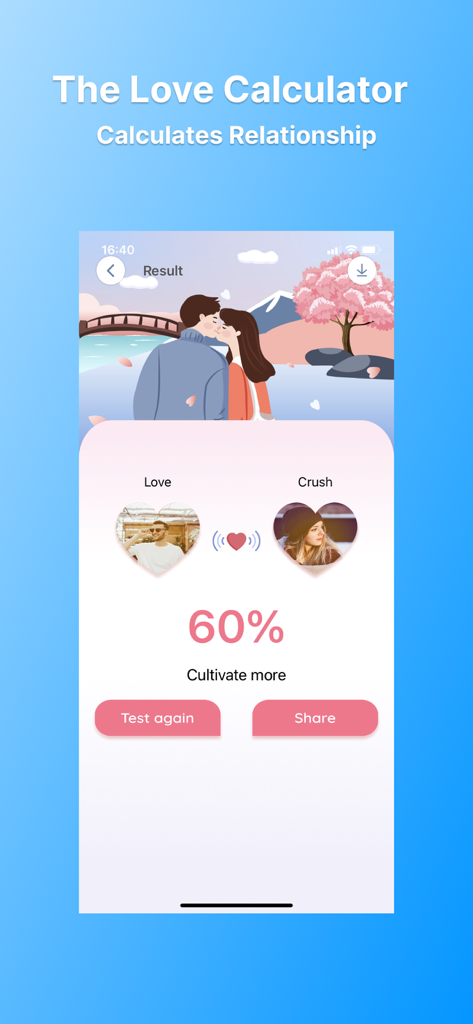 Crush Love Calculator Test - A result screen from the Crush Love Calculator app showing a sixty percent compatibility score between two profile pictures with options to test again or share.