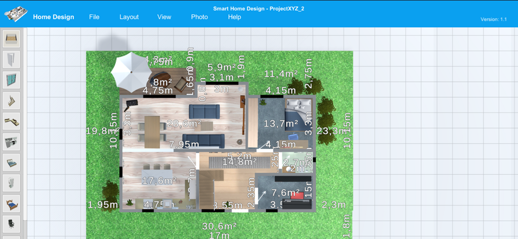 Smart Home Design 3D - Un plano de planta visto desde arriba con medidas y muebles en la aplicación Smart Home Design 3D