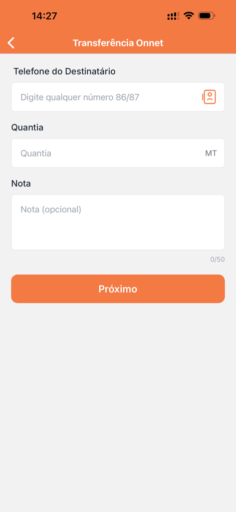 Mobile application screen for e-Mola showing an onnet money transfer form with fields for phone number and amount