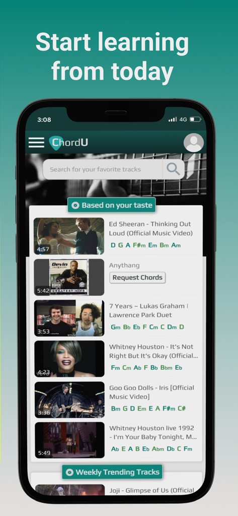 ChordU - get chords & notes - The ChordU app interface showing a search bar and a list of popular songs with their corresponding music chords.