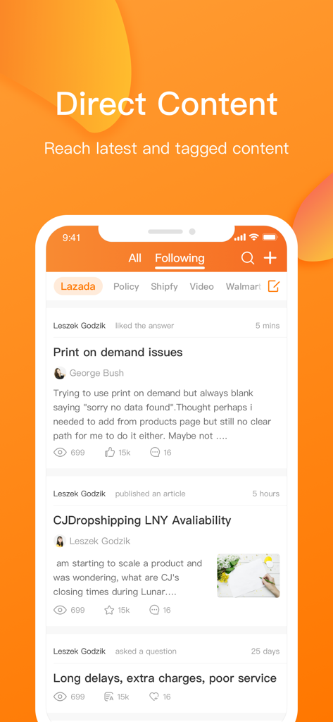 CJdropshipping app interface showing a community feed where entrepreneurs discuss e-commerce and dropshipping topics.