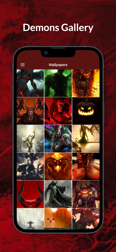 Demons Gallery showing a grid of dark fantasy demon illustrations for wallpapers.