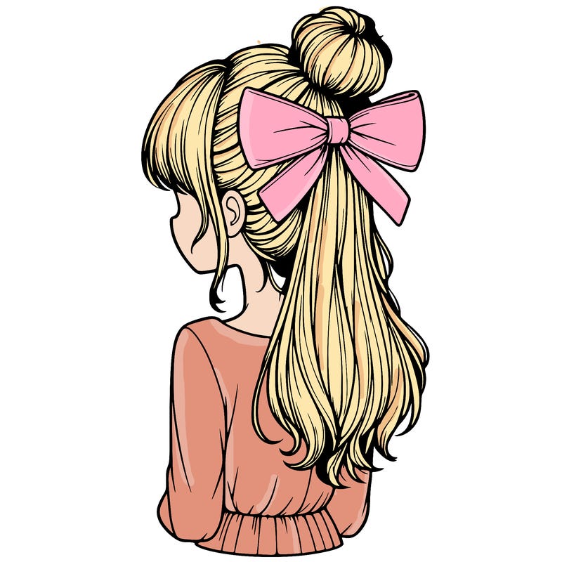 realistic girl  with hip length hair a bun and a big bow on the back of head