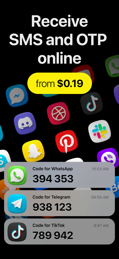 Getcode Pro SMS Virtual Number - A mobile app interface showing verification codes for WhatsApp Telegram and TikTok starting from nineteen cents