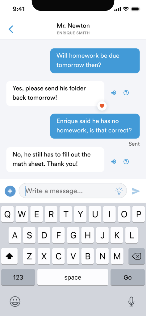 Messaging interface of the TalkingPoints app showing a conversation between a parent and a teacher about student homework