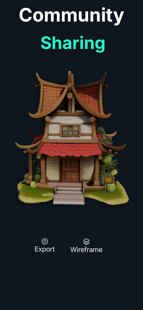 Community sharing screen in Remeshy app featuring a detailed 3D house model with export and wireframe options