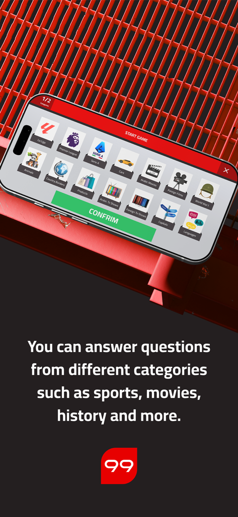 9ayad X Na9ab | نصاب x صياد - A mobile game screen showing various trivia categories like sports movies and history