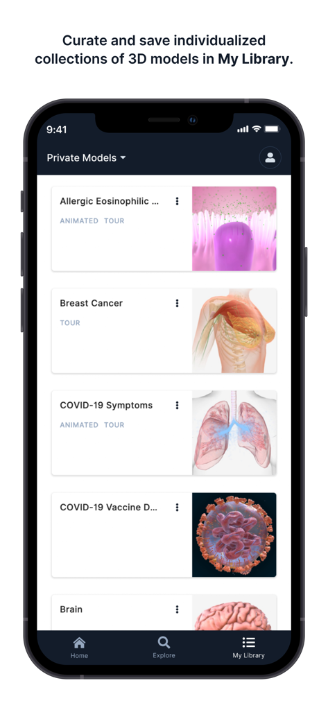 A screenshot of the BioDigital 3D Human Anatomy app showing a personalized library of 3D medical models like breast cancer and the brain.