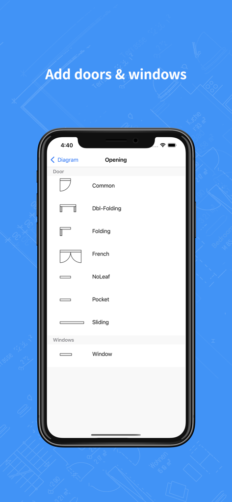 RenoPlan app screen showing a list of door and window types to add to a floor plan