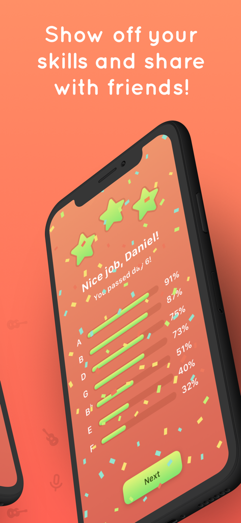 Tone - Learn Perfect Pitch! - The results screen of the Tone ear training app showing musical note accuracy and a share score option.