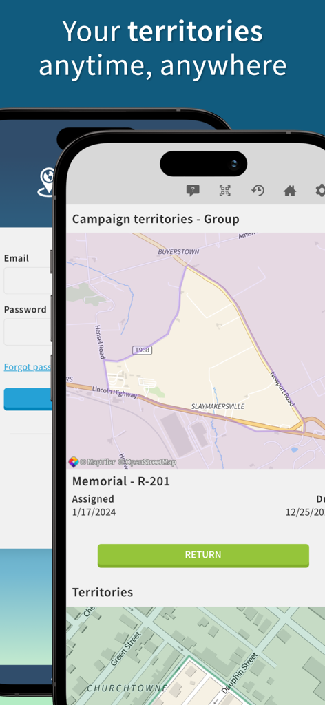 La aplicación Territory Helper muestra un mapa digital de una asignación de territorio de predicación en un smartphone