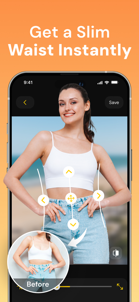Body Face Tune: Photo - A smartphone showing the slim waist editing tool in the Body Face Tune app with a before and after comparison