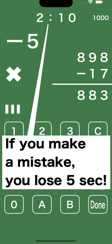 Math quiz / Calculator quiz - Math quiz gameplay screen showing a subtraction problem and a warning message that mistakes result in a five second time penalty.