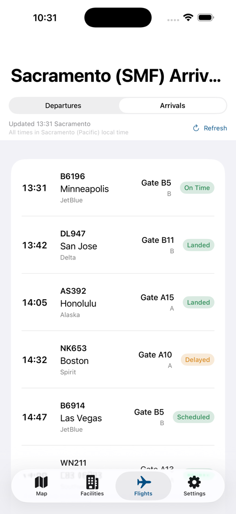 Sacramento Intl SMF Airport - Screenshot of the Sacramento SMF Airport app showing arrival flight status including gate numbers and schedules