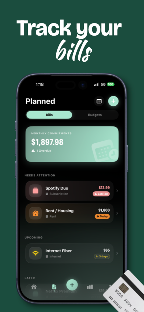 Mobile interface of Fint app showing planned bills and monthly financial commitments in a dark-themed dashboard.