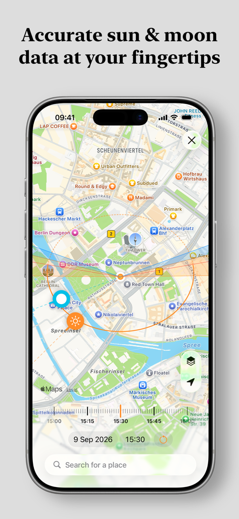 A map interface showing the sun and moon path overlays for photography planning.