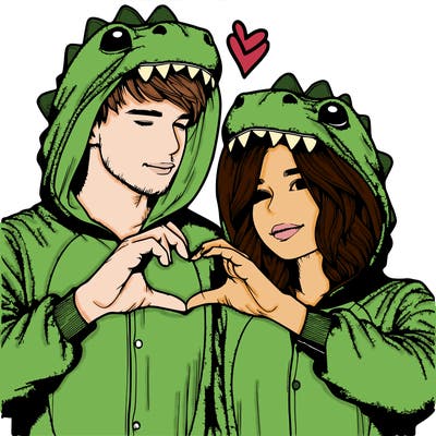 realistic couple wearing matching dinosaur onesies with heart hand gesture