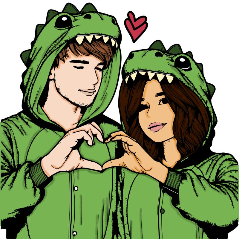 realistic couple wearing matching dinosaur onesies with heart hand gesture