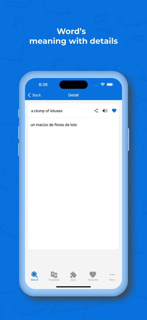 Spanish Dictionary+ Translator - English to Spanish word translation detail screen for a clump of lotuses