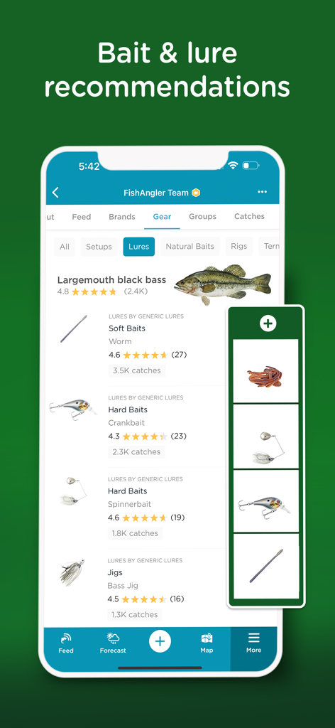 Fishing Spots - Fish Maps - Mobile App-Oberfläche mit Köder- und Lockstoffempfehlungen für Largemouth Bass mit Bewertungen und Community-Fangdaten