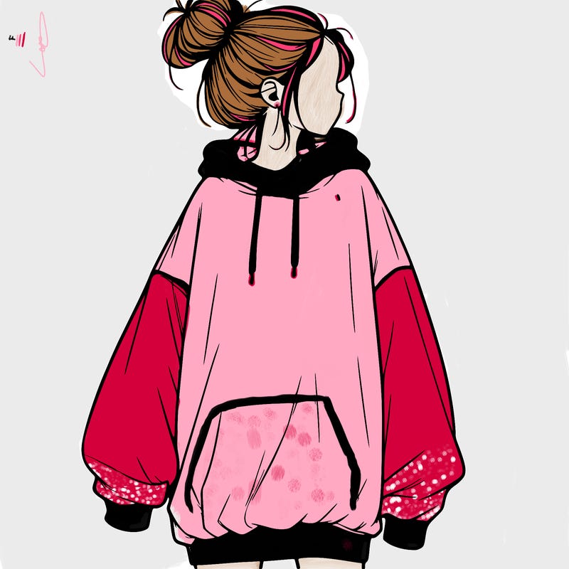 realistic girl with a oversized sweatshirt on and a bun