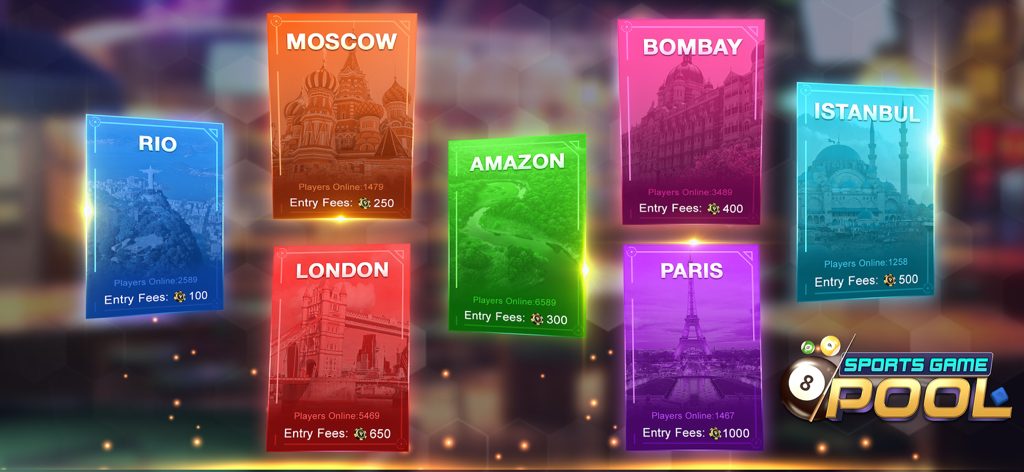 8 Ball Pool Online - Menú de selección que muestra ubicaciones de ciudades globales con diferentes tarifas de entrada para las partidas de 8 Ball Pool Online