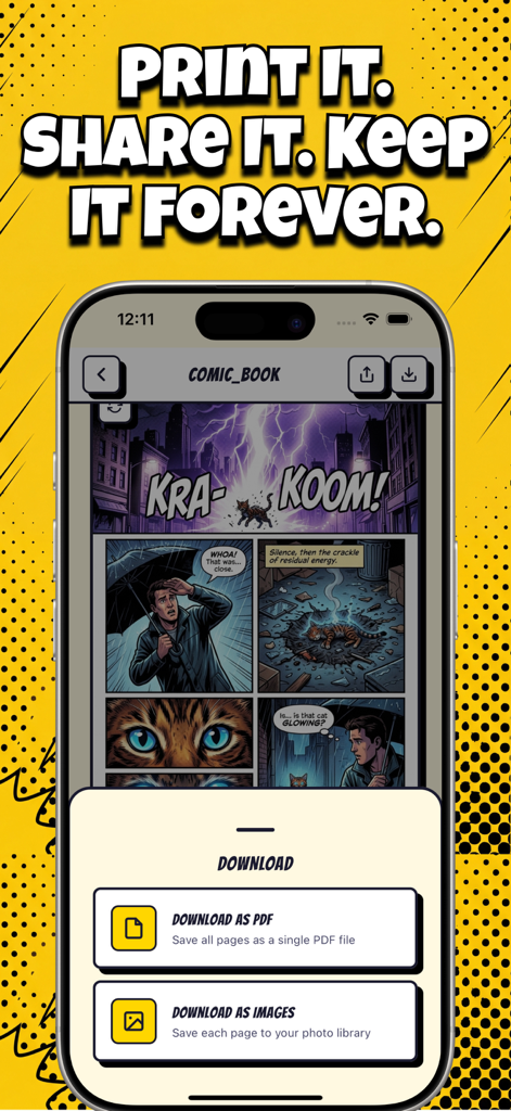 A mobile screen showing the Comikaze app with options to download a created comic book as a PDF or as images.