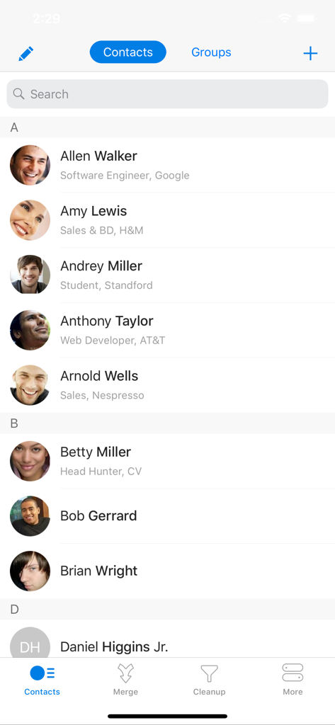 Easy Caller ID - A screenshot of the Easy Caller ID app displaying an organized list of contacts with profile photos and job titles
