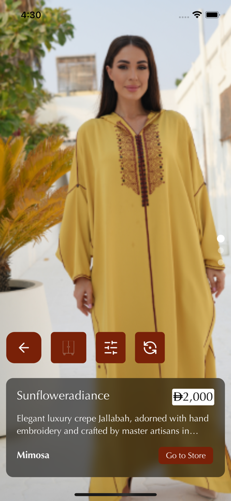 Product page for a yellow luxury crepe jallabah with embroidery on the 3bayti mobile app