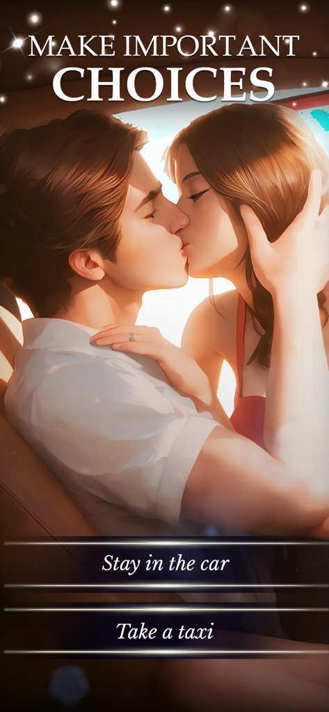 A romantic couple kissing in a car with interactive story buttons