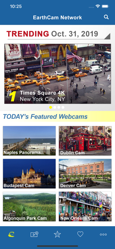 Webcams – EarthCam - EarthCam app home screen showing trending Times Square 4K webcam and featured feeds from Naples, Dublin, and Budapest.