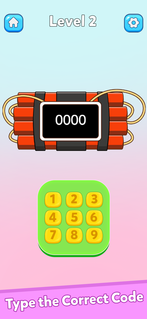 Una captura de pantalla de un juego móvil de un nivel donde los jugadores deben escribir un código numérico para desactivar una bomba de dibujos animados
