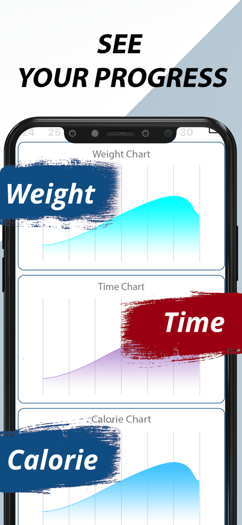 Arm Workouts for Men - Arm Workouts for Men app progress screen showing weight time and calorie tracking charts