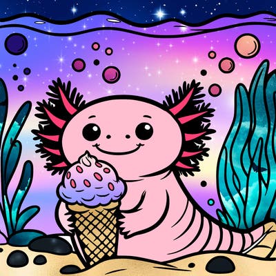 an axolotl holding ice cream underwater