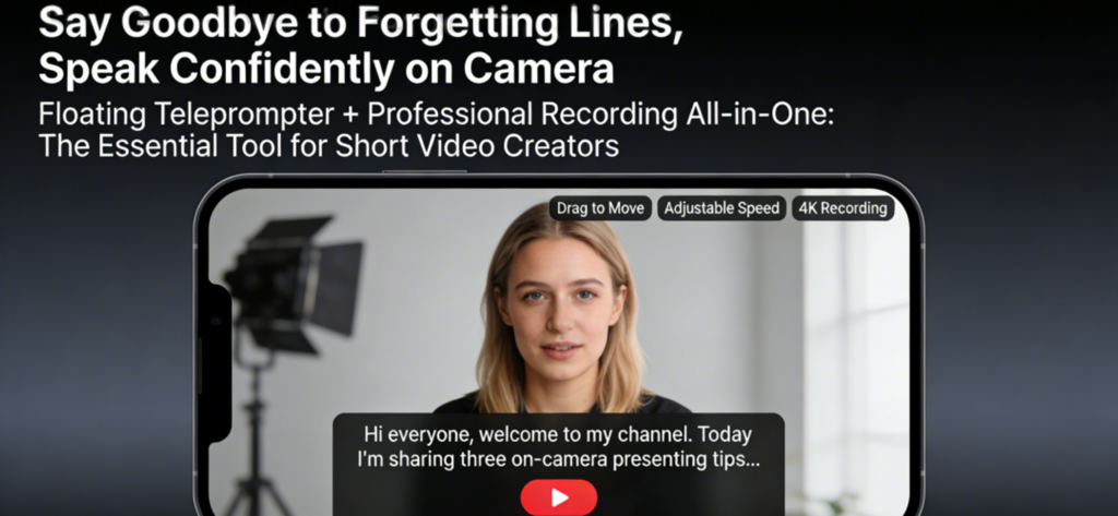 Teleprompter pro-video script - Una mujer grabando un vídeo profesional usando un guion de teleprompter flotante en un smartphone con soporte de resolución 4K