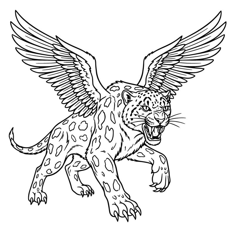 a big snow leopard with large wings and teeth that stick out of its mouth with long sharp claws and sharp eyes that look like a cats