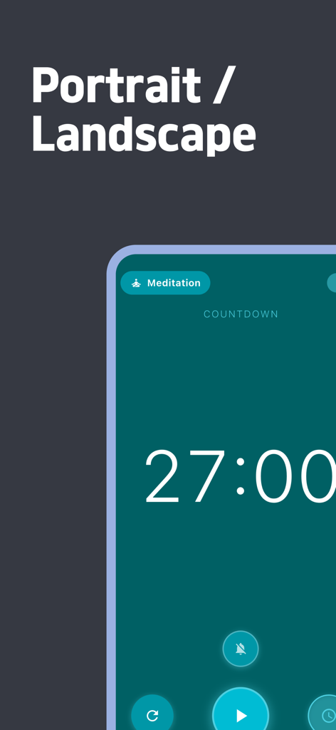 Minimal Timer - Big Stopwatch - Minimalist meditation timer interface with large white digits on a teal background featuring portrait and landscape support.