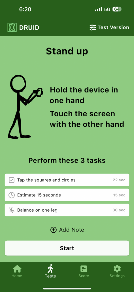 DRUIDapp - DRUIDapp screen displaying instructions and a list of tasks for the cognitive and motor impairment test