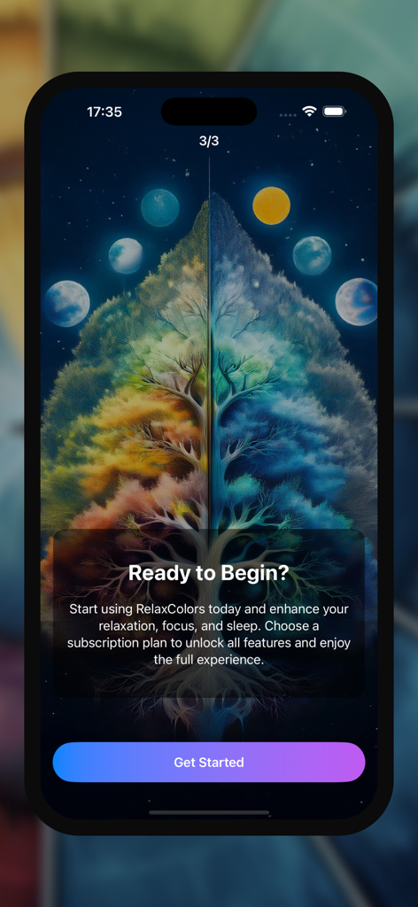 RelaxColors: Light Therapy AI - Pantalla de bienvenida de la aplicación RelaxColors con una ilustración artística de un árbol y un botón de empezar.