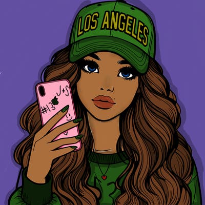 realistic beautiful girl wearing los ángeles cap holding an iphone