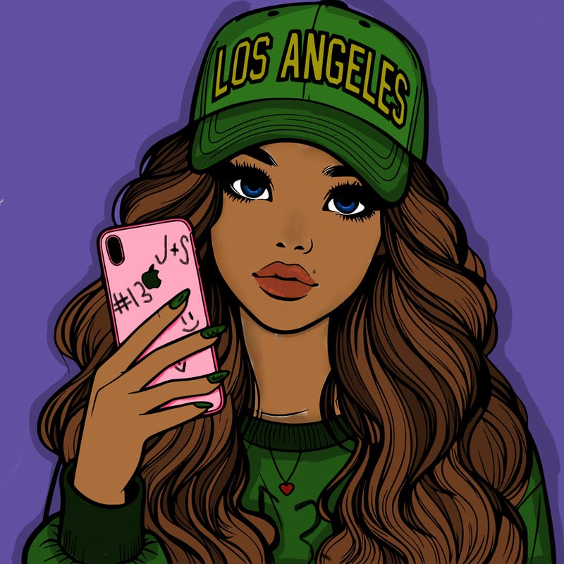 realistic beautiful girl wearing los ángeles cap holding an iphone