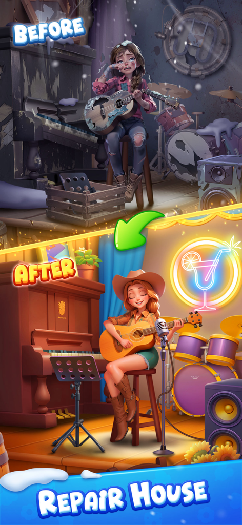 Before and after comparison showing a girl crying in a messy room vs a happy girl performing on a renovated music stage