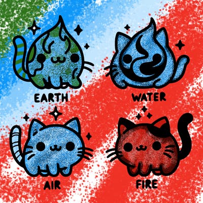 4 cats that represent the different elements, earth, water, air, and fire