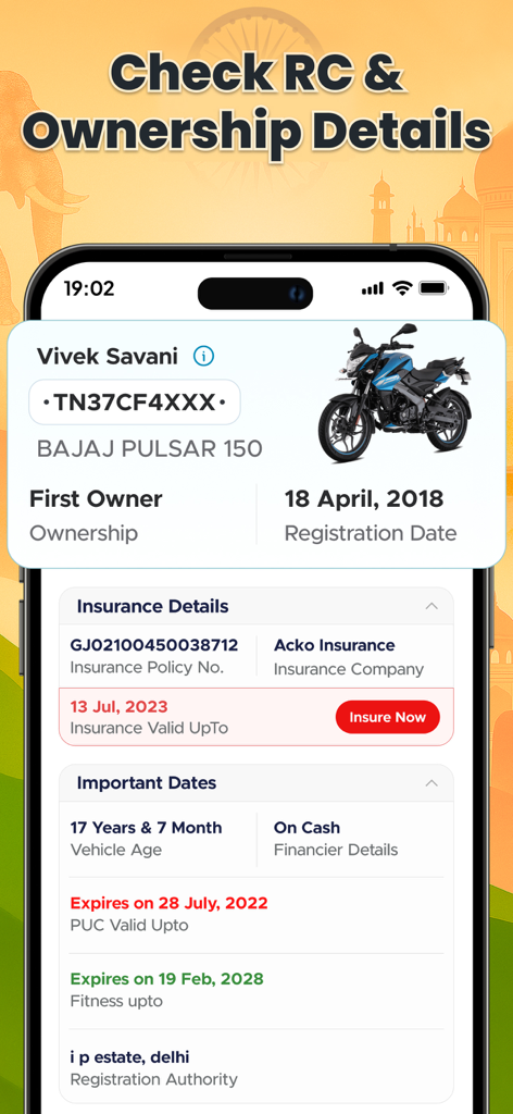 Mobile app interface displaying Indian vehicle registration and ownership details for a Bajaj Pulsar motorcycle