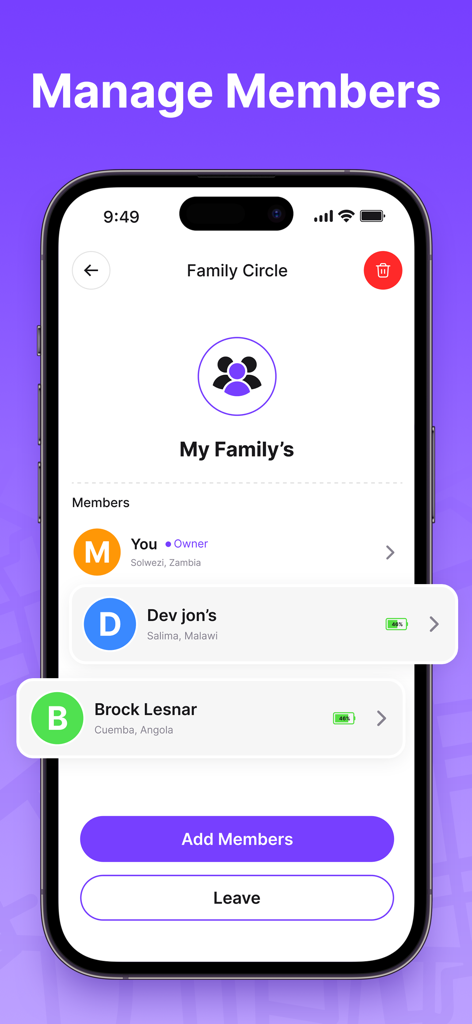 Findmykids - GPS Phone Tracker - Manage family members and battery status on the Findmykids GPS tracker app screen
