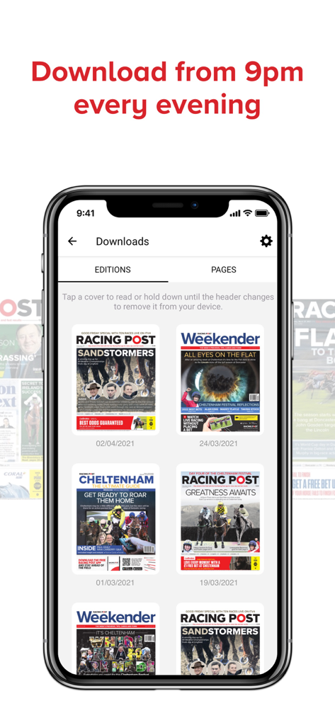 Racing Post Newspaper - Interfaz de la aplicación Racing Post Newspaper que muestra ediciones digitales disponibles para descargar