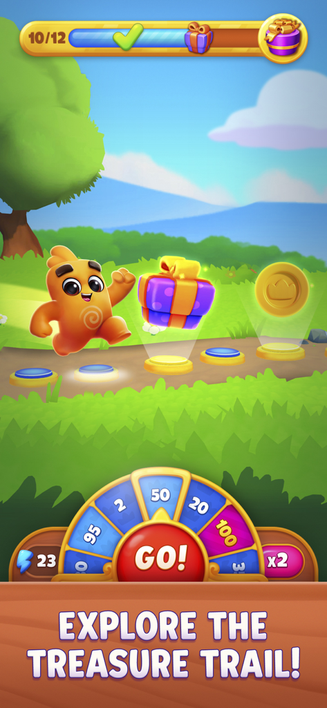 Gameplay screen of Domino Dreams featuring the treasure trail and prize wheel.