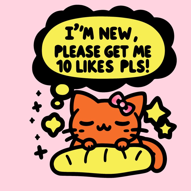 kitty taking a nap dream talking and saying "i'm new, please get me at least 10 likes pls!!"