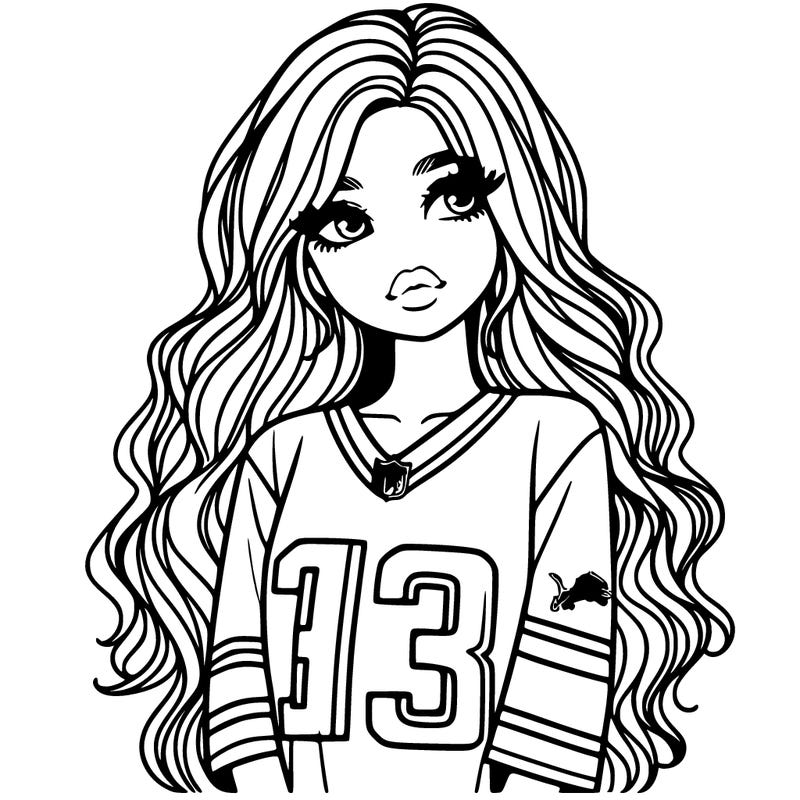 girl model with long wavy hair in a detroit lions jersey